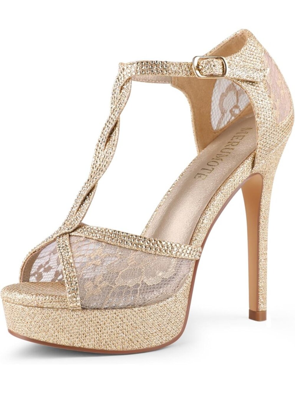 Women's Gold Glitter Peep Toe Platform Stilettos Sparkly Rhinestone Lace Heels